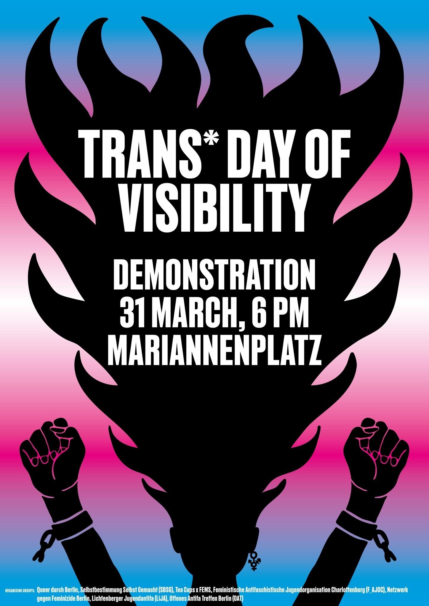 +++ deutsch unterhalb +++ In the background of the poster a color gradient featuring the colors of the trans flag is visible. Overlaid on this is a black outline of a person in a comic-book style. At the bottom of the poster, the person’s head is visible, along with their arms stretched out into the air, on which a broken shackle can be seen. The person has fiery hair blowing up in the wind, which takes up a large portion of the poster and reaches almost to its top edge. The hair serves as a background for white text in capital letters. The text says “TRANS* DAY OF VISIBILITY” and below “DEMONSTRATION 31 MARCH, 6PM MARIANNENPLATZ” --- Im Hintergrund des Plakats ist ein Farbverlauf in den Farben der Trans-Flagge zu sehen. Darauf ist die schwarze Silhouette einer Person im Stil eines Comics abgebildet. Am unteren Rand des Posters ist der Kopf der Person sowie ihre in die Luft ausgestreckten Arme zu sehen, an denen eine zerbrochene Fessel sichtbar ist. Die Person hat feurig in die Luft wehende Haare, die einen großen Teil des Posters einnehmen und fast bis zum oberen Rand reichen. Die Haare dienen als Hintergrund für weißen Text in Großbuchstaben. Der Text lautet „TRANS* DAY OF VISIBILITY“ und darunter „DEMONSTRATION 31 MARCH, 6PM MARIANNENPLATZ“